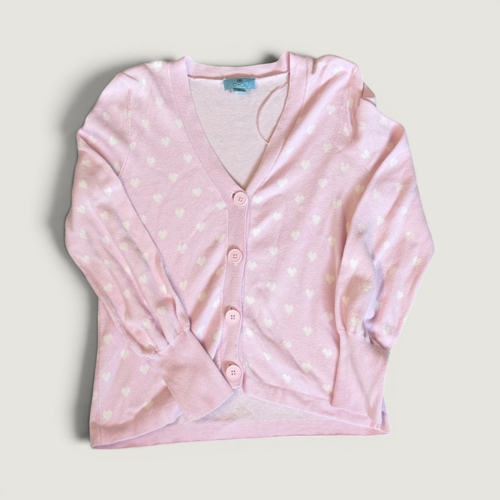 CeCe Pink Heart Print V-Neck Button Front Knit Cardigan Sweater Small